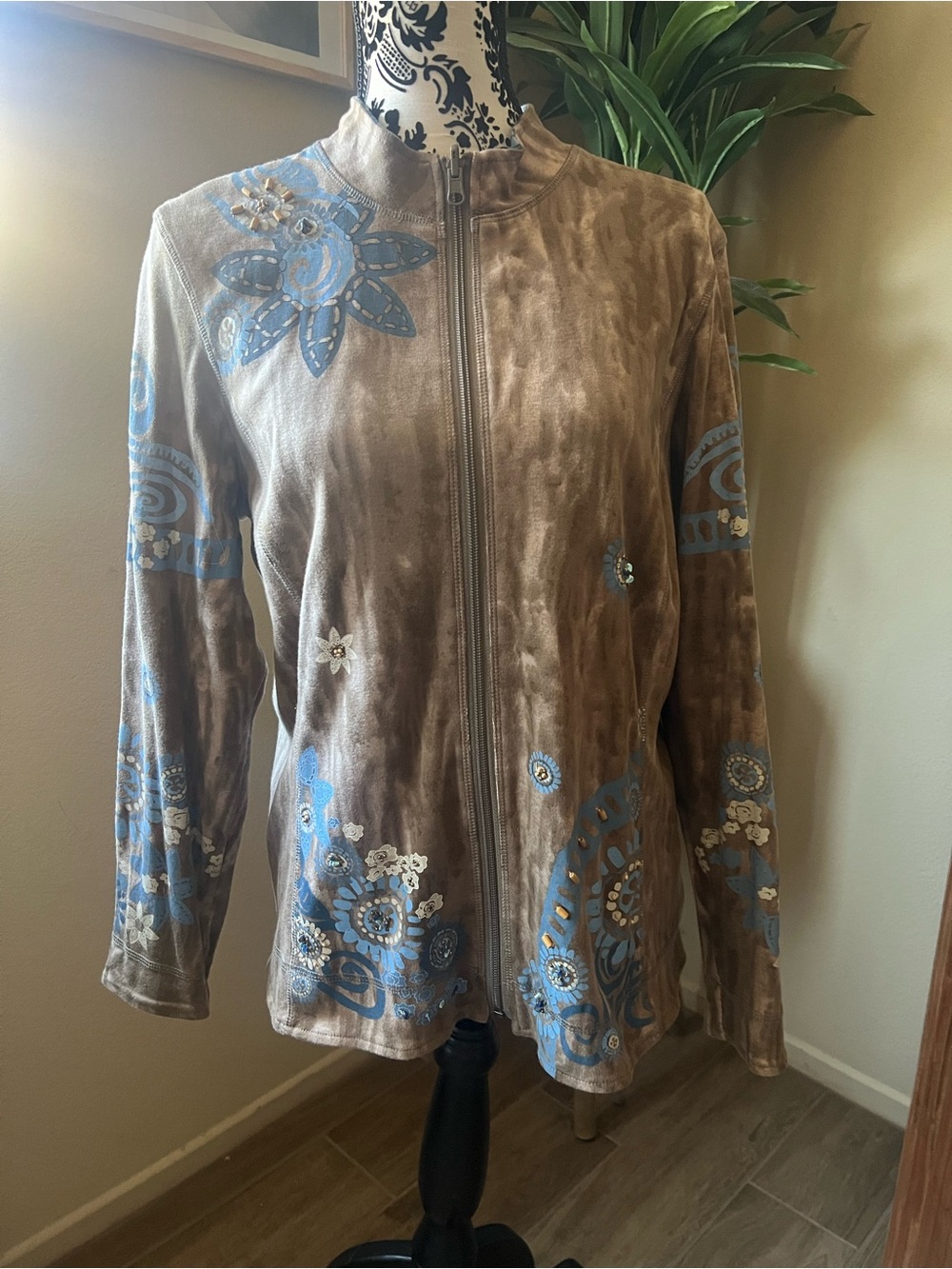 Multiples Taupe Zip Jacket with Blue Floral Accents